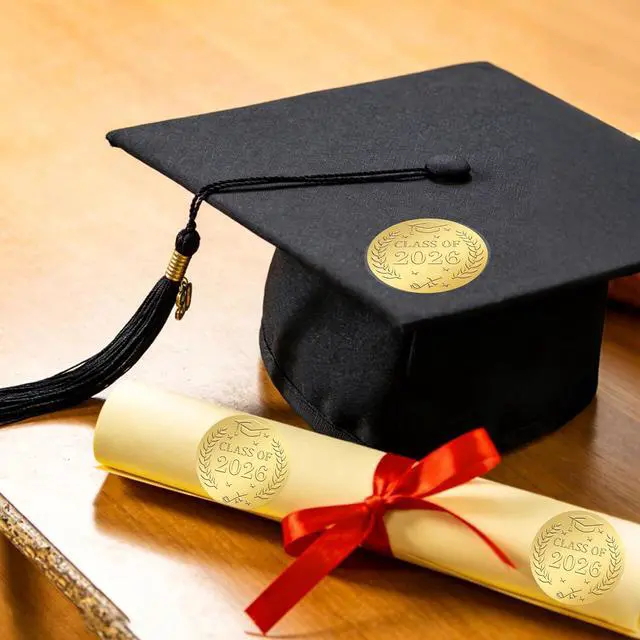 Alt view image 6 of 7 - 120Pcs Embossed Graduation Stickers, 1.6 Inch Gold Foil Round Self Adhesive Class of 2026 Stickers Label for Cards Envelope Seals Gift Bags