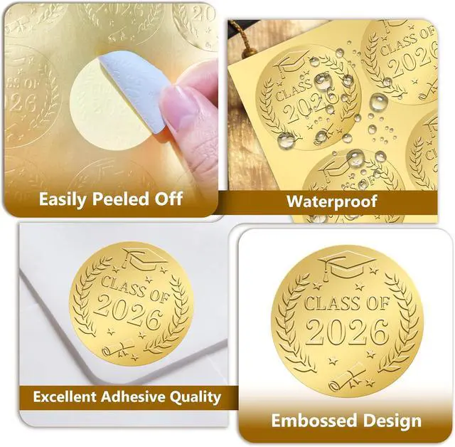 Alt view image 7 of 7 - 120Pcs Embossed Graduation Stickers, 1.6 Inch Gold Foil Round Self Adhesive Class of 2026 Stickers Label for Cards Envelope Seals Gift Bags