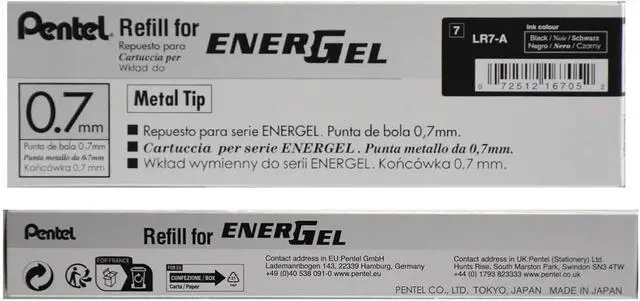 Alt view image 3 of 4 - Pentel Refill Ink for EnerGel Liquid Gel Pen, (0.7mm), Metal Tip, Black Ink, Box of 12 (LR7-A)