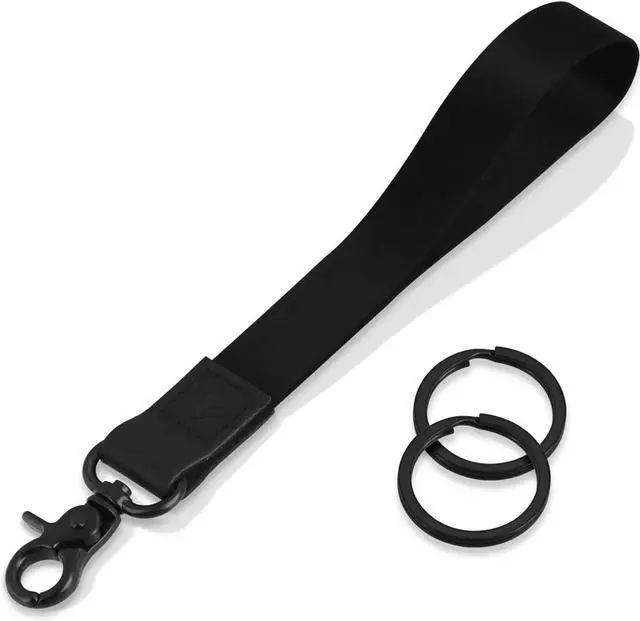 Main image of Wrist Lanyard for Key, Wristlet Keychain with 2 Key Rings | Comfortable Strap for Women Men, Short Lanyard for Car Keys ID Badge Holder Wallet, Pure Black