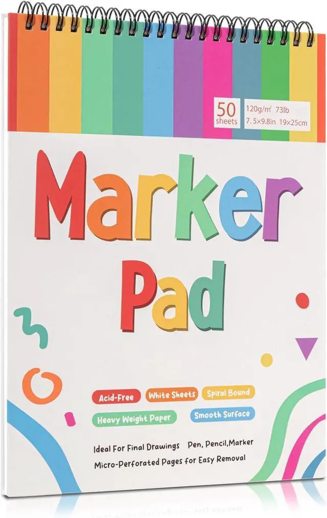 Main image of Marker Paper Pad 50 Sheets, 7.5 × 9.8 in, Spiral Bound, 120gsm | Bleed-Resistant Coated Paper, Acid-Free, Smooth for Alcohol Markers, Pencils And Acrylics, Easy-Tear Pages, Portable Pad