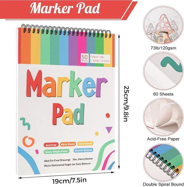 Alt view image 2 of 7 - Marker Paper Pad 50 Sheets, 7.5 × 9.8 in, Spiral Bound, 120gsm | Bleed-Resistant Coated Paper, Acid-Free, Smooth for Alcohol Markers, Pencils And Acrylics, Easy-Tear Pages, Portable Pad
