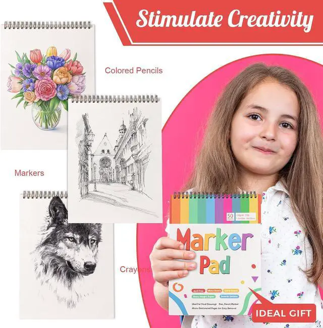 Alt view image 7 of 7 - Marker Paper Pad 50 Sheets, 7.5 × 9.8 in, Spiral Bound, 120gsm | Bleed-Resistant Coated Paper, Acid-Free, Smooth for Alcohol Markers, Pencils And Acrylics, Easy-Tear Pages, Portable Pad
