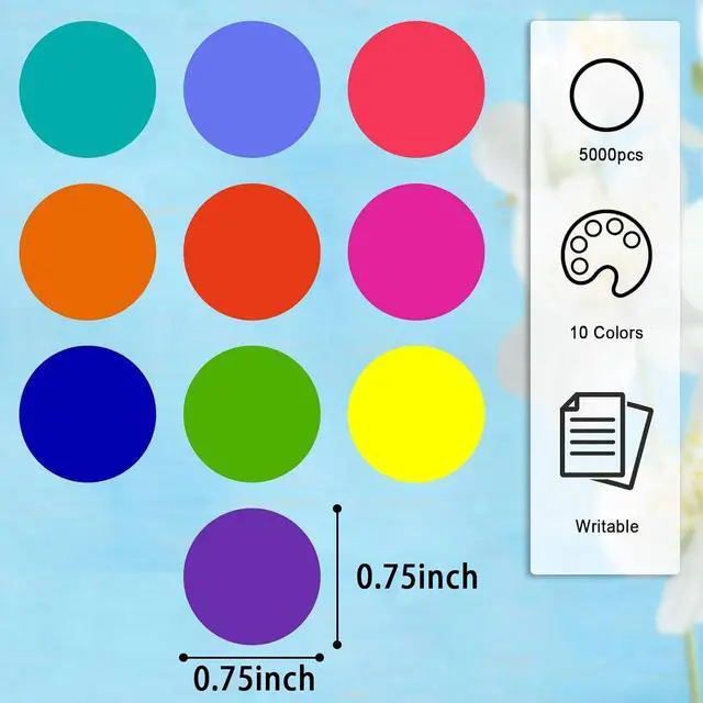 Alt view image 2 of 7 - 5000 PCS 3/4" Colored Dot Stickers Round Color Coding Labels Polka Circle Dot Label Sticker for Toddler, Office, Student, Classroom, Papers Etc(10 Rolls, 3/4 Inches)