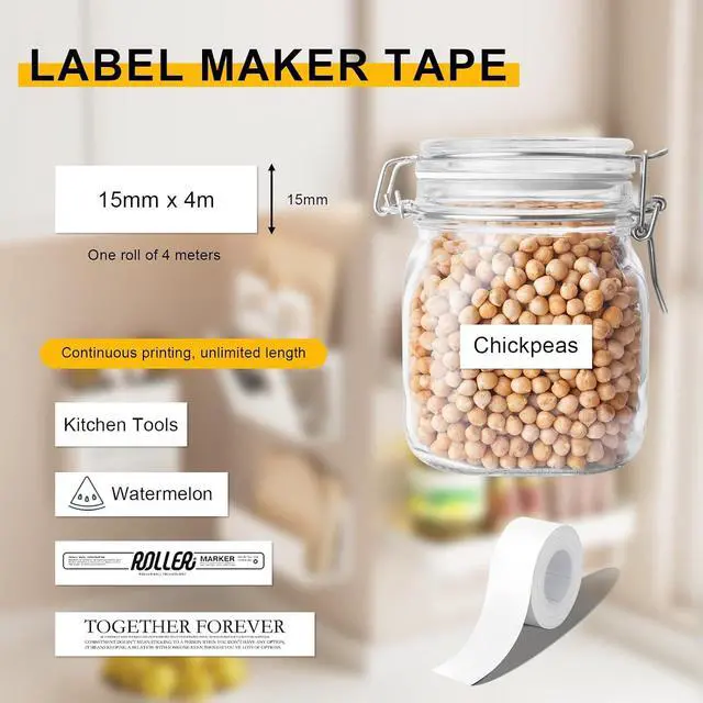 Alt view image 3 of 7 - Label Maker Tape Refills, 3 Rolls White Continuous Waterproof Labels Tape for Makeid L1/E1/Q1, 15mm x 4m Strong Adhesive Thermal Label Tape for Office Organization, Storage Bins, Food Containers