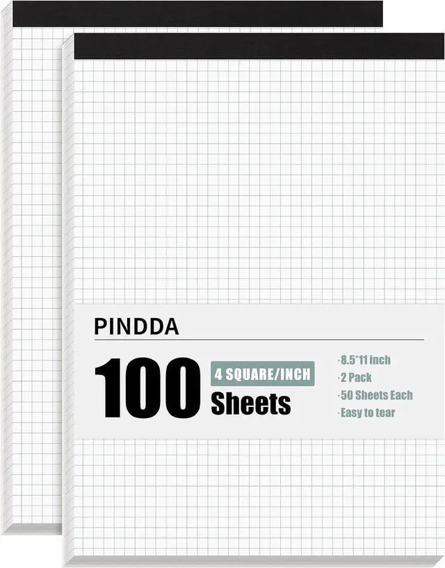 Main image of Graph Paper Notebook, 2 Pack, 8.5 x 11 Grid Paper, 4x4 Graph Ruled | 50 Sheets per Pad, Easy-Tear Perforations, 8.5 x 11 Cardboard Backing, for Math, Drafting, Drawing, Engineering