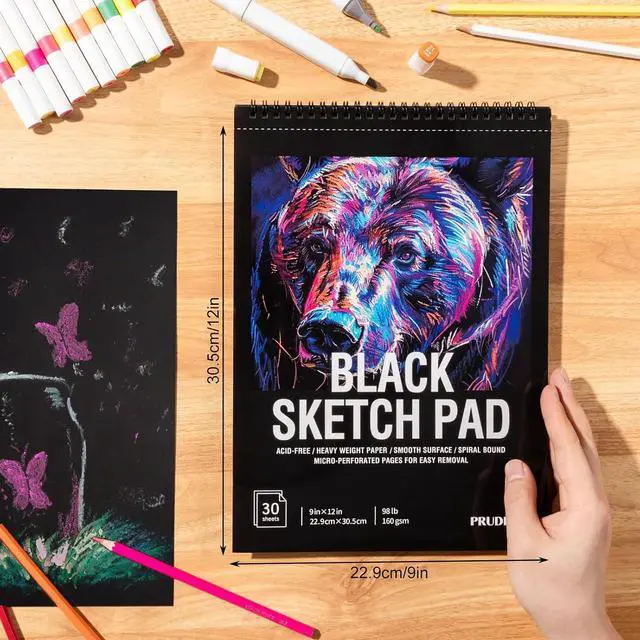 Alt view image 2 of 7 - Black Paper Sketchbook 9 × 12 in, 30 Sheets, 160gsm Spiral Bound | Acid-Free 98Lb Black Paper, Lays Flat, Clean Tear-Out Pages, for Colored Pencil, Chalk, Gel Pens And Mixed Media