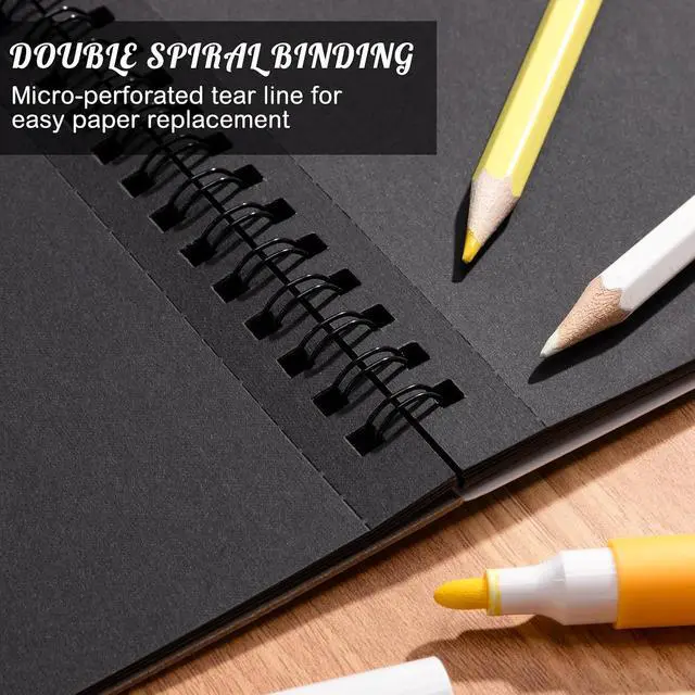 Alt view image 4 of 7 - Black Paper Sketchbook 9 × 12 in, 30 Sheets, 160gsm Spiral Bound | Acid-Free 98Lb Black Paper, Lays Flat, Clean Tear-Out Pages, for Colored Pencil, Chalk, Gel Pens And Mixed Media