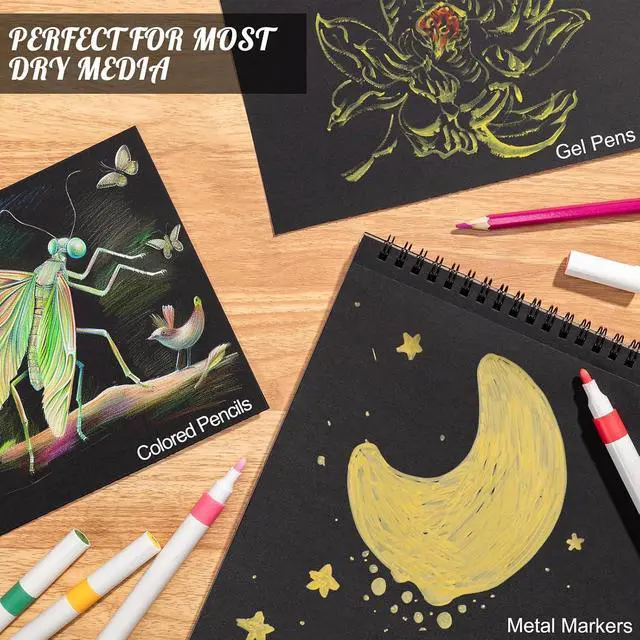 Alt view image 5 of 7 - Black Paper Sketchbook 9 × 12 in, 30 Sheets, 160gsm Spiral Bound | Acid-Free 98Lb Black Paper, Lays Flat, Clean Tear-Out Pages, for Colored Pencil, Chalk, Gel Pens And Mixed Media