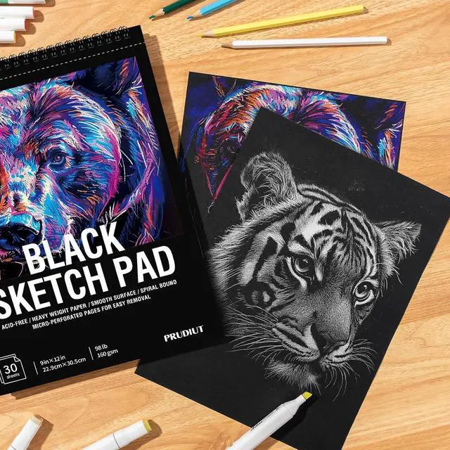Alt view image 6 of 7 - Black Paper Sketchbook 9 × 12 in, 30 Sheets, 160gsm Spiral Bound | Acid-Free 98Lb Black Paper, Lays Flat, Clean Tear-Out Pages, for Colored Pencil, Chalk, Gel Pens And Mixed Media
