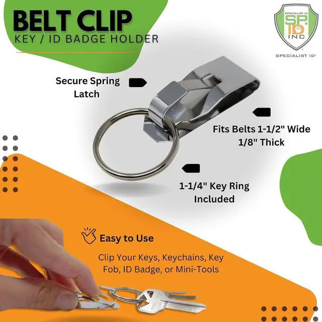 Alt view image 2 of 7 - Secure Belt Clip Key Holder with Metal Hook & Heavy Duty 1 1/4 Inch Keychain Ring - Metal Key Chain Keeper for ID Badge/Key
