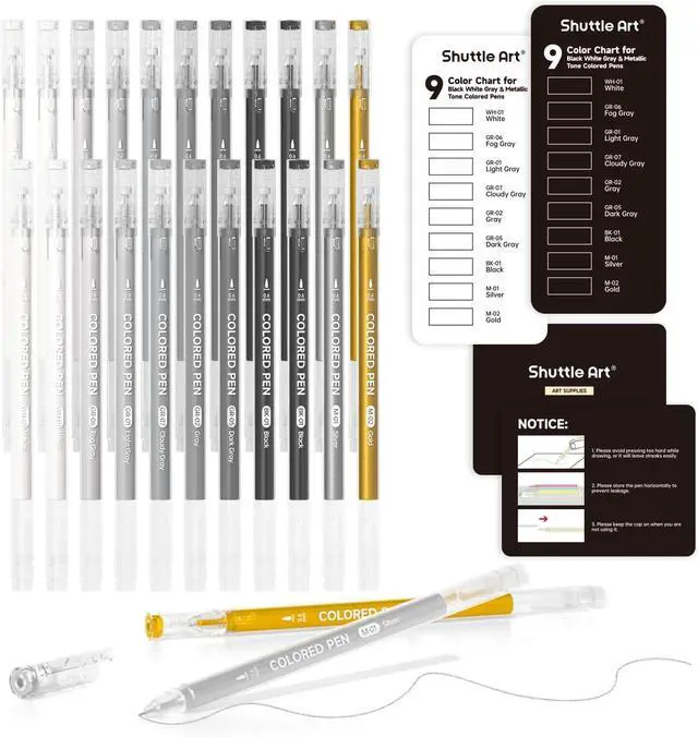 Main image of Shuttle Art Colored Pens, 22 Black White Gray & Metallic Tone Colors Cute Journal Pens 0.6mm Fine Point Colored Gel Pens for Black Paper Writing Drawing Journaling Note Taking School Office Home