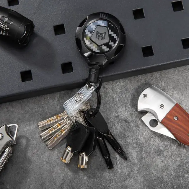 Alt view image 2 of 7 - MNGARISTA Upgraded Heavy Duty Retractable Keychain with Belt Clip, 10 OZ Retraction, 31.5" Stainless Steel Cord, 3K Carbon Fiber ID Badge Reel with Badge Strap and Key Ring