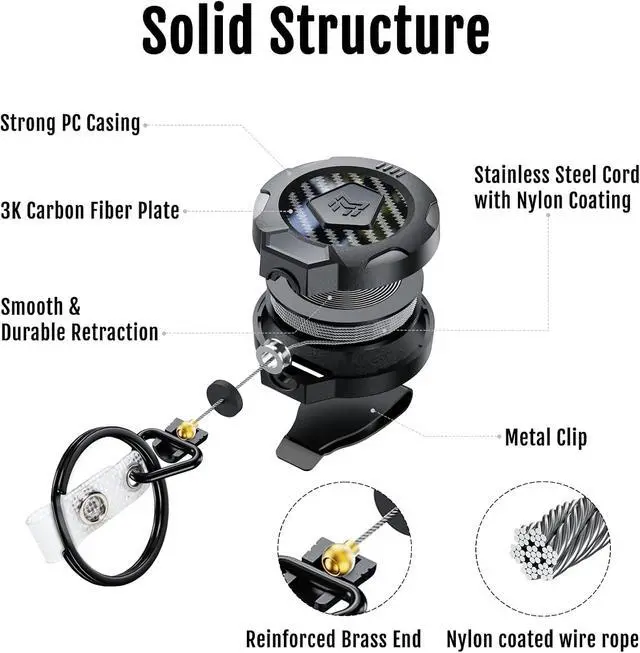Alt view image 5 of 7 - MNGARISTA Upgraded Heavy Duty Retractable Keychain with Belt Clip, 10 OZ Retraction, 31.5" Stainless Steel Cord, 3K Carbon Fiber ID Badge Reel with Badge Strap and Key Ring
