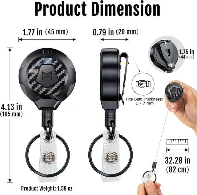 Alt view image 6 of 7 - MNGARISTA Upgraded Heavy Duty Retractable Keychain with Belt Clip, 10 OZ Retraction, 31.5" Stainless Steel Cord, 3K Carbon Fiber ID Badge Reel with Badge Strap and Key Ring