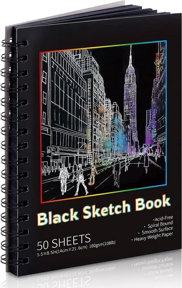 Main image of 160gsm Black Paper Sketchbook 5.5x8.5in, 50 Acid-Free Black Paper Notebook | Heavyweight Black Paper, Finely Textured, Tears Cleanly, Lays Flat, for Pencils, Chalk, Markers & Back-to-School Gifts