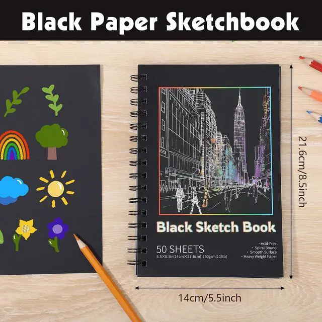 Alt view image 2 of 7 - 160gsm Black Paper Sketchbook 5.5x8.5in, 50 Acid-Free Black Paper Notebook | Heavyweight Black Paper, Finely Textured, Tears Cleanly, Lays Flat, for Pencils, Chalk, Markers & Back-to-School Gifts