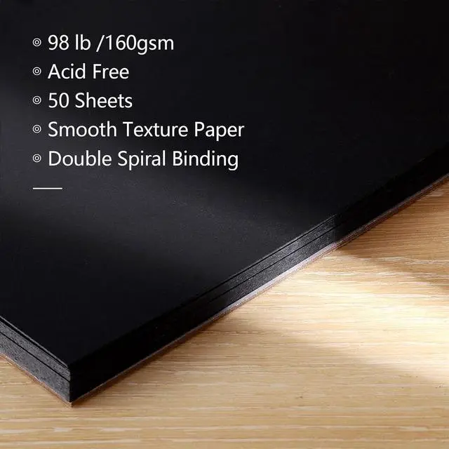 Alt view image 3 of 7 - 160gsm Black Paper Sketchbook 5.5x8.5in, 50 Acid-Free Black Paper Notebook | Heavyweight Black Paper, Finely Textured, Tears Cleanly, Lays Flat, for Pencils, Chalk, Markers & Back-to-School Gifts