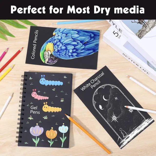 Alt view image 5 of 7 - 160gsm Black Paper Sketchbook 5.5x8.5in, 50 Acid-Free Black Paper Notebook | Heavyweight Black Paper, Finely Textured, Tears Cleanly, Lays Flat, for Pencils, Chalk, Markers & Back-to-School Gifts