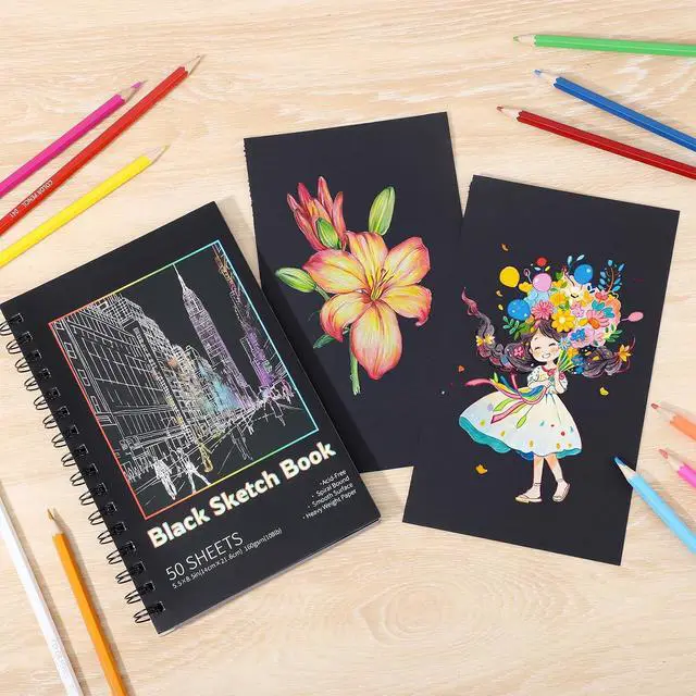 Alt view image 6 of 7 - 160gsm Black Paper Sketchbook 5.5x8.5in, 50 Acid-Free Black Paper Notebook | Heavyweight Black Paper, Finely Textured, Tears Cleanly, Lays Flat, for Pencils, Chalk, Markers & Back-to-School Gifts