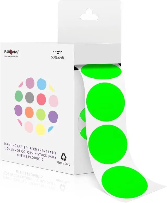 Main image of PARLAIM 1 Inch Circle Color Coding Label Stickers,500PCS Inventory Sticky Dots Sticker in Dispenser Box,Fluorescent GreenAdhesive Round Dot Labels for Office Home(Fluorescent Green)