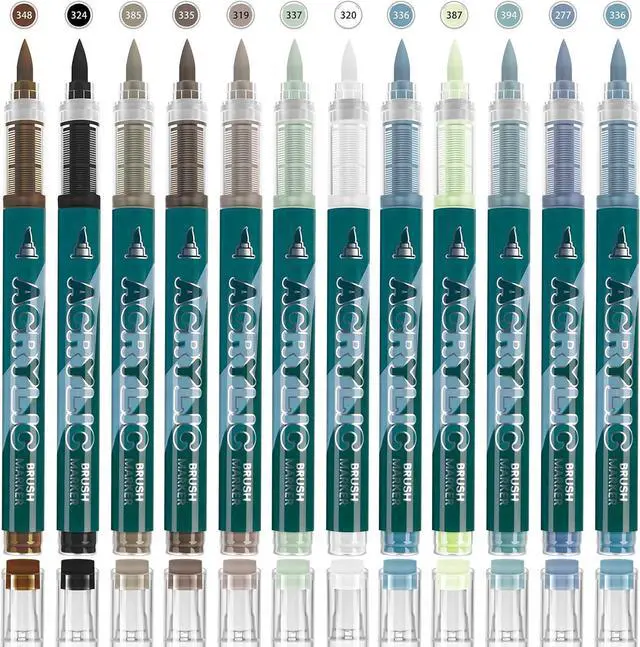 Main image of 12 Colors Acrylic Paint Pens - Grey Paint Pens Markers, Brush Tip & Direct Ink Flow Suitable for Stone,Paper,Wood,Glass,Fabric Paint,DIY Crafts (Grey)