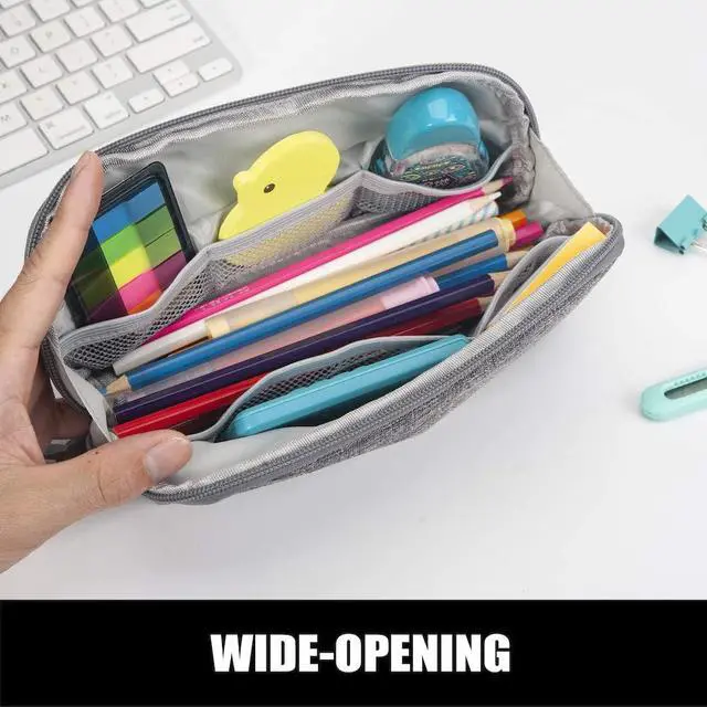 Alt view image 3 of 5 - Sooez Wide-Opening Pencil Pen Case, Lightweight & Spacious Pencil Bag Pouch Box Organizer, Aesthetic Supply with Triangular Design for Adults, Grey