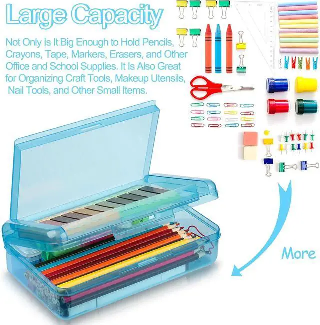 Alt view image 4 of 6 - Meiikun Pencil Box, Double Layer Large Capacity Pencil Case, Translucent Plastic Hard Pencil Boxes with Snap-tight Lid, School Office Supplies Storage Box for Stationery, Pen, Pencil (Blue, 1 Pack)