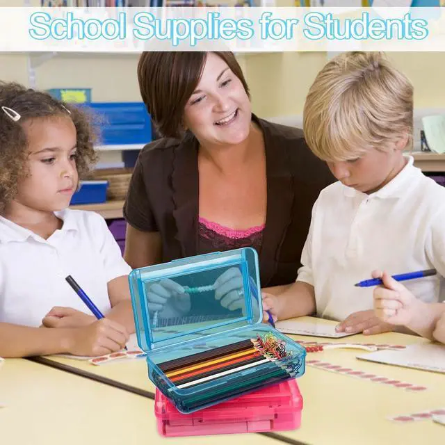Alt view image 6 of 6 - Meiikun Pencil Box, Double Layer Large Capacity Pencil Case, Translucent Plastic Hard Pencil Boxes with Snap-tight Lid, School Office Supplies Storage Box for Stationery, Pen, Pencil (Blue, 1 Pack)