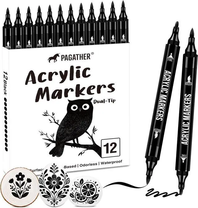 Main image of Pagather Black Acrylic Paint Markers, 12 Dual Tip with Fine Tip and Brush Tip Pens for Fabric, Stone, Wood, Canvas, Ceramic, Metal, Glass, Rock Painting, DIY Crafts