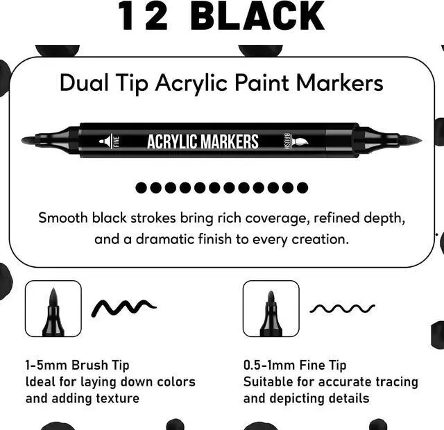 Alt view image 2 of 7 - Pagather Black Acrylic Paint Markers, 12 Dual Tip with Fine Tip and Brush Tip Pens for Fabric, Stone, Wood, Canvas, Ceramic, Metal, Glass, Rock Painting, DIY Crafts