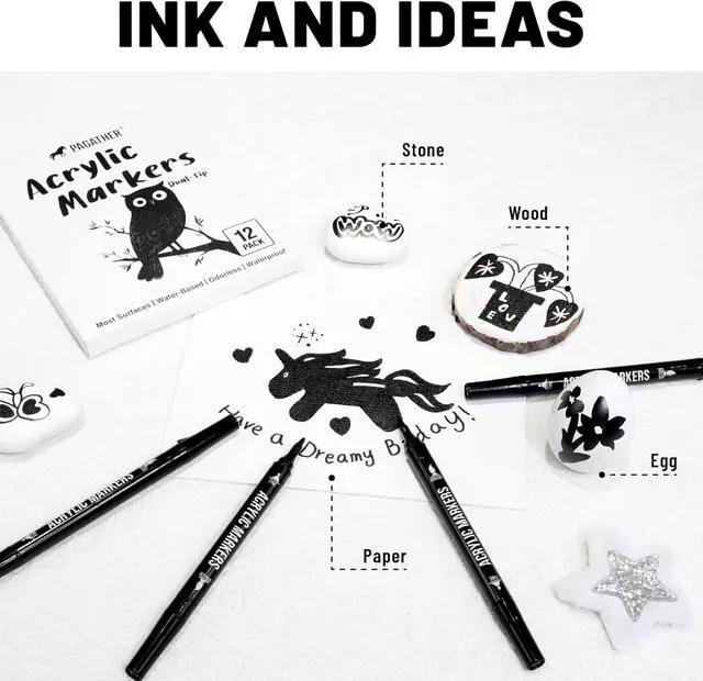 Alt view image 6 of 7 - Pagather Black Acrylic Paint Markers, 12 Dual Tip with Fine Tip and Brush Tip Pens for Fabric, Stone, Wood, Canvas, Ceramic, Metal, Glass, Rock Painting, DIY Crafts