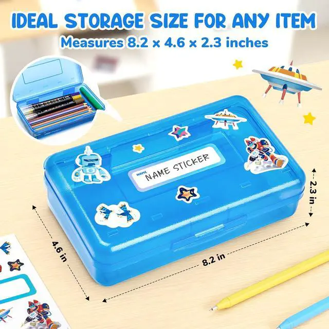 Alt view image 2 of 7 - GAMENOTE Plastic Pencil Box with Personalized Sticker, Large Capacity, Blue | Kid Large Hard Pencil Case with Snap-tight Lid, Small Art Craft Storage Containers, School Supply Box for Boys, Girls