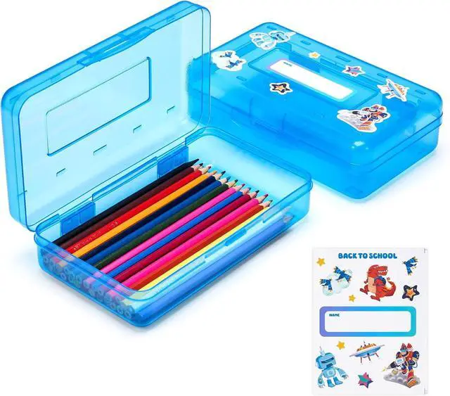 Main image of GAMENOTE Plastic Pencil Box with Personalized Sticker, Large Capacity, Blue | Kid Large Hard Pencil Case with Snap-tight Lid, Small Art Craft Storage Containers, School Supply Box for Boys, Girls