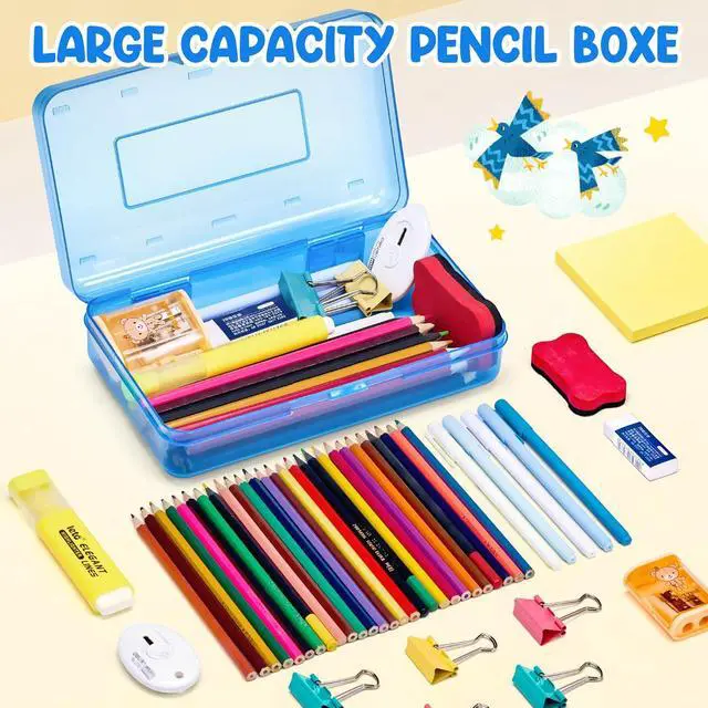 Alt view image 3 of 7 - GAMENOTE Plastic Pencil Box with Personalized Sticker, Large Capacity, Blue | Kid Large Hard Pencil Case with Snap-tight Lid, Small Art Craft Storage Containers, School Supply Box for Boys, Girls
