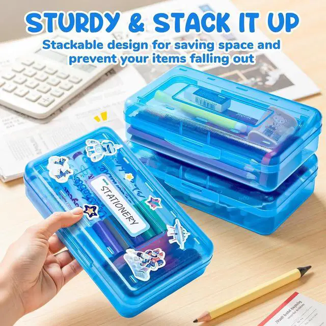 Alt view image 5 of 7 - GAMENOTE Plastic Pencil Box with Personalized Sticker, Large Capacity, Blue | Kid Large Hard Pencil Case with Snap-tight Lid, Small Art Craft Storage Containers, School Supply Box for Boys, Girls