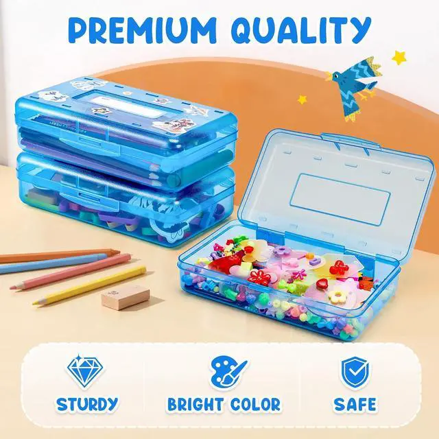 Alt view image 6 of 7 - GAMENOTE Plastic Pencil Box with Personalized Sticker, Large Capacity, Blue | Kid Large Hard Pencil Case with Snap-tight Lid, Small Art Craft Storage Containers, School Supply Box for Boys, Girls