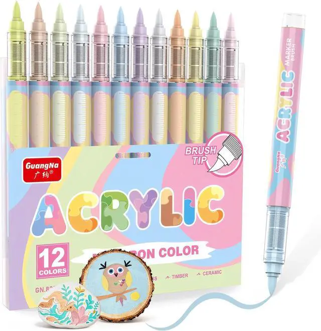Main image of Guangna 12 Macaron Acrylic Paint Markers, Brush Tip Acrylic Paint Pens for Pumpkin Paint, Rock Painting, Wood, Glass, Paper, Coloring Book, Ceramic, Canvas, DIY Crafts, Water-Based Ink