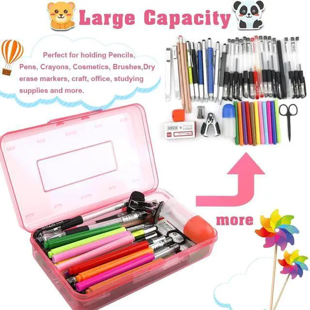 Alt view image 3 of 7 - Pencil Box, Large Capacity Clear Pencil Case, 1 Pack Hard Pencil Case, Clear Crayon Box with Snap-tight Lid Stackable Design, Plastic Storage Box for Office Supplies, Pink