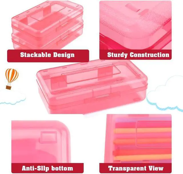 Alt view image 4 of 7 - Pencil Box, Large Capacity Clear Pencil Case, 1 Pack Hard Pencil Case, Clear Crayon Box with Snap-tight Lid Stackable Design, Plastic Storage Box for Office Supplies, Pink