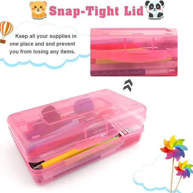 Alt view image 5 of 7 - Pencil Box, Large Capacity Clear Pencil Case, 1 Pack Hard Pencil Case, Clear Crayon Box with Snap-tight Lid Stackable Design, Plastic Storage Box for Office Supplies, Pink