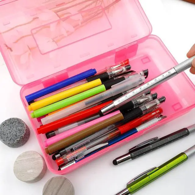 Alt view image 6 of 7 - Pencil Box, Large Capacity Clear Pencil Case, 1 Pack Hard Pencil Case, Clear Crayon Box with Snap-tight Lid Stackable Design, Plastic Storage Box for Office Supplies, Pink