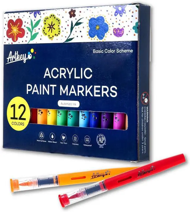 Main image of Artkey Acrylic Paint Markers 12 Colors, Direct-Liquid Acrylic Paint Pens with Automatic Ink Control, Flexible Brush Tip Acrylic Markers Set for Rock Painting, Wood, Canvas, Glass, Ceramic, DIY Crafts