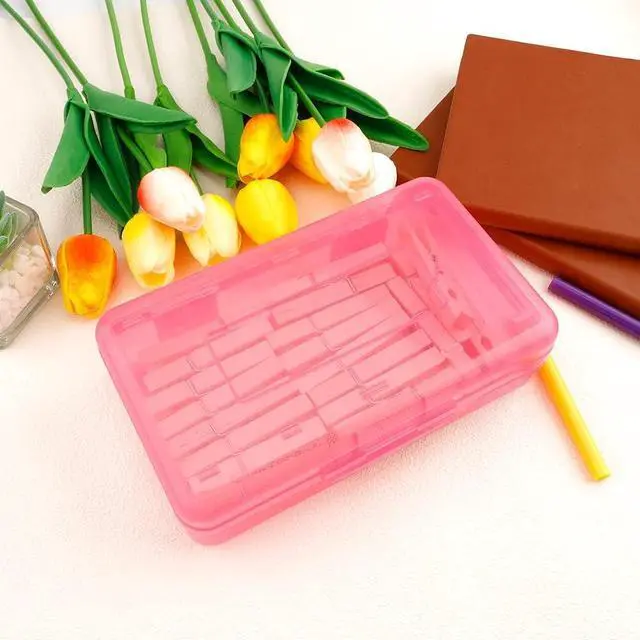 Alt view image 7 of 7 - Pencil Box, Large Capacity Clear Pencil Case, 1 Pack Hard Pencil Case, Clear Crayon Box with Snap-tight Lid Stackable Design, Plastic Storage Box for Office Supplies, Pink