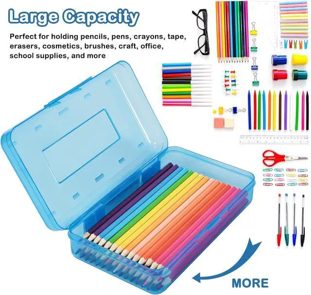 Alt view image 3 of 7 - Colored Plastic Pencil Box, Large Capacity Pencil Case, Pencil Boxs | for Kids Adults, Hard Crayon Box Storage with Snap-Tight Lid for School Office Supplies (Blue)