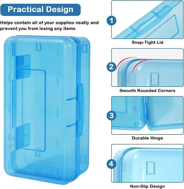 Alt view image 4 of 7 - Colored Plastic Pencil Box, Large Capacity Pencil Case, Pencil Boxs | for Kids Adults, Hard Crayon Box Storage with Snap-Tight Lid for School Office Supplies (Blue)