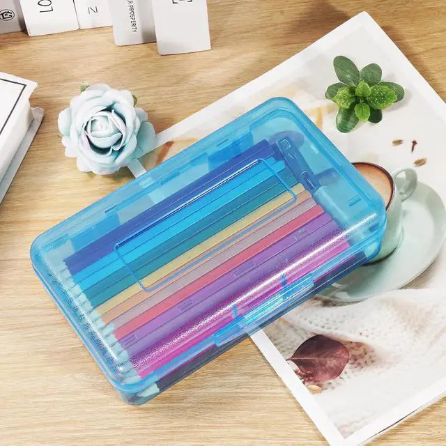 Alt view image 6 of 7 - Colored Plastic Pencil Box, Large Capacity Pencil Case, Pencil Boxs | for Kids Adults, Hard Crayon Box Storage with Snap-Tight Lid for School Office Supplies (Blue)