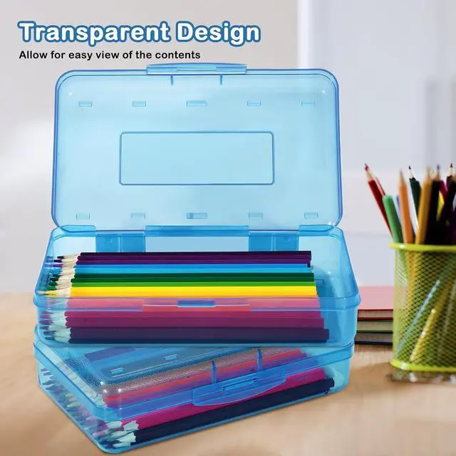 Alt view image 7 of 7 - Colored Plastic Pencil Box, Large Capacity Pencil Case, Pencil Boxs | for Kids Adults, Hard Crayon Box Storage with Snap-Tight Lid for School Office Supplies (Blue)