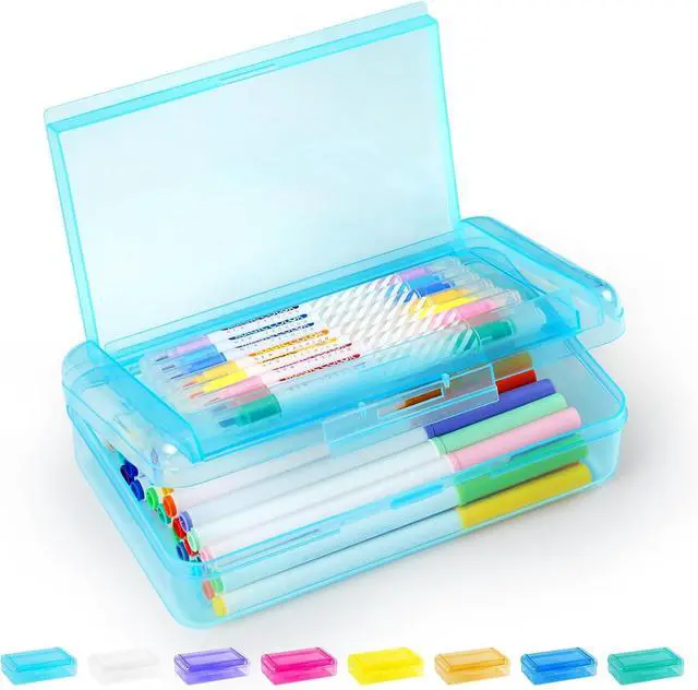Main image of Sooez Double Layer Pencil Box, Large Hard Pencil Case Organizer, Clear Plastic Crayon Box for Girls and Boys, Colored Marker Organizer, Small Plastic Containers/Bins with Lids, Art Supply Storage