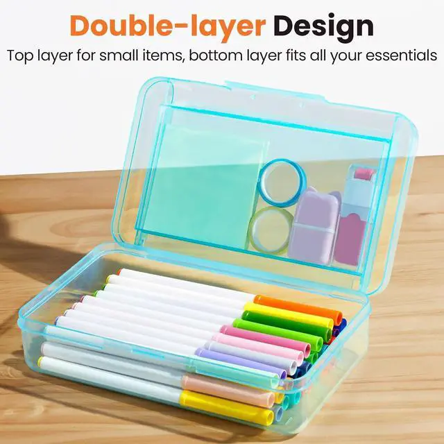 Alt view image 2 of 7 - Sooez Double Layer Pencil Box, Large Hard Pencil Case Organizer, Clear Plastic Crayon Box for Girls and Boys, Colored Marker Organizer, Small Plastic Containers/Bins with Lids, Art Supply Storage
